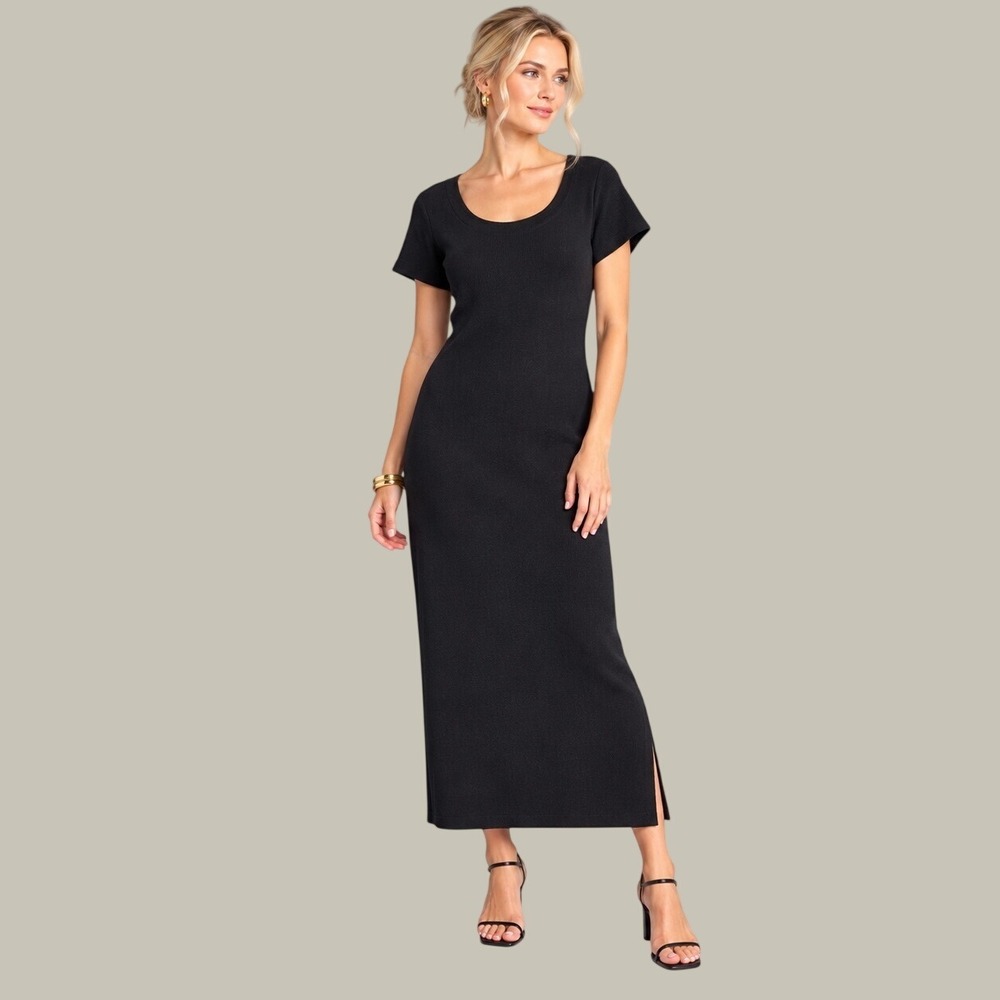 Vintage Natori II Black Ribbed Maxi Dress 90s Minimalist Size M Capsule  SONY